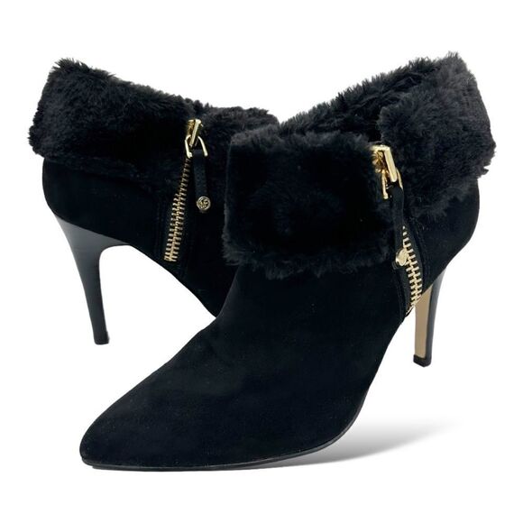 Marc Fisher Black Faux Fur Trimmed Suede Pointed Toe Stiletto Booties Shoeties 7 - Picture 2 of 11